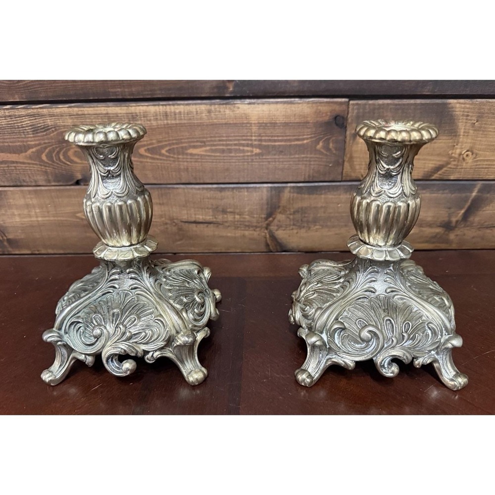 Vintage Pair Ornate Silver Plated Candlestick Holders - Baroque/Victorian Style